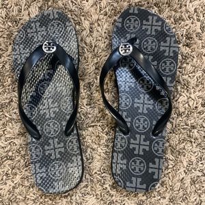 Tory Burch black and silver flip flops